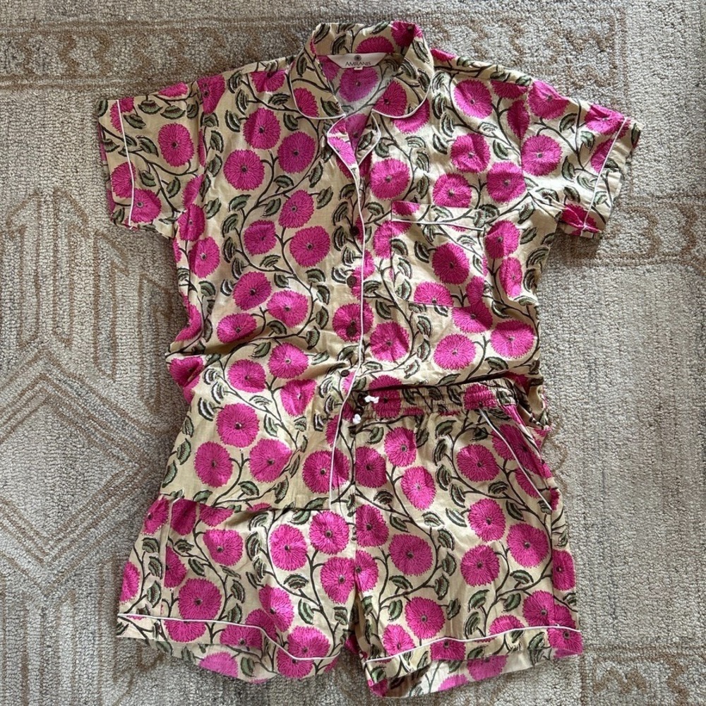 Cotton Floral Pajama Set Pink Block Print Shorts Loungewear Pockets Amranis M